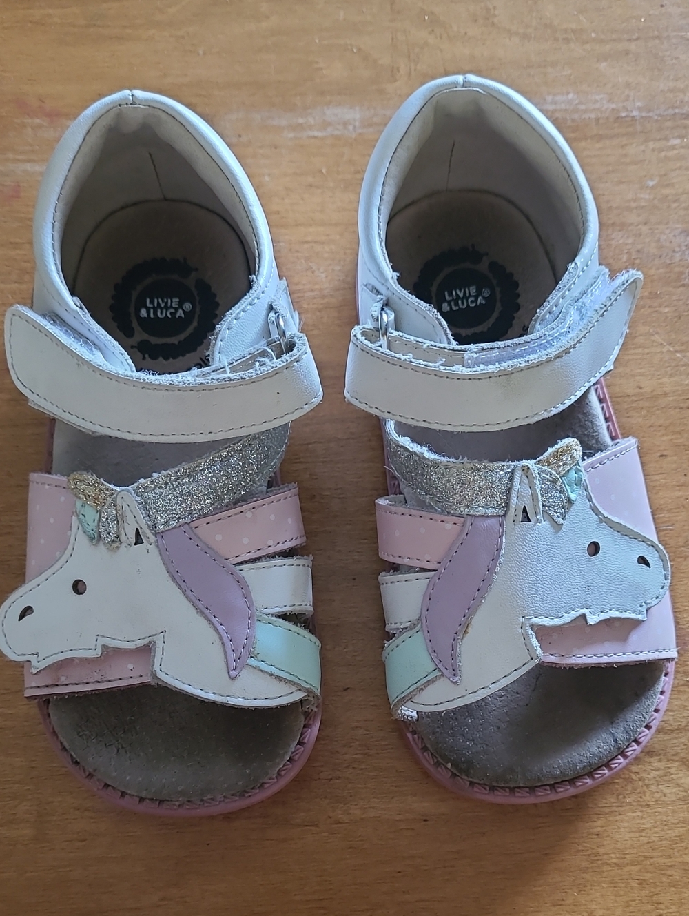 Livie & Luca Pink, White and Gold Unicorn Leather Sandals